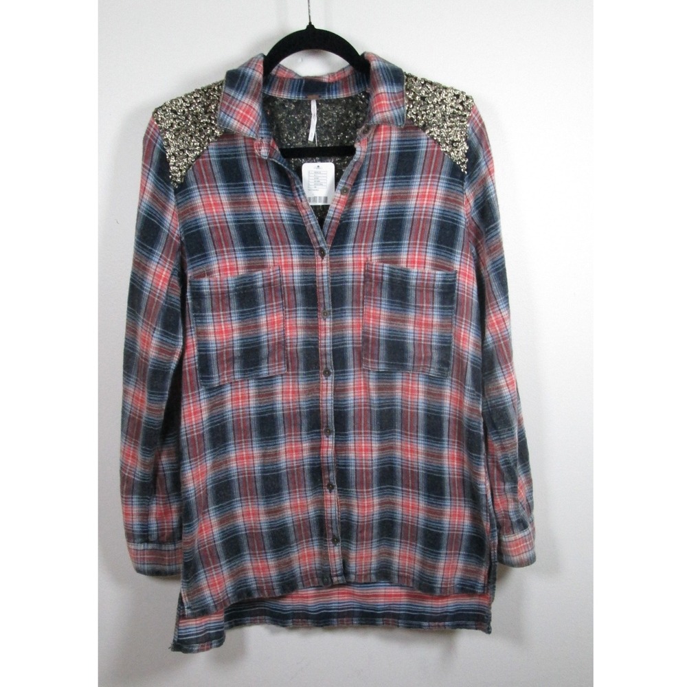 Free People‎ Shirt Small Navy Plaid Sequin Embellished Long Sleeve - Picture 8 of 11